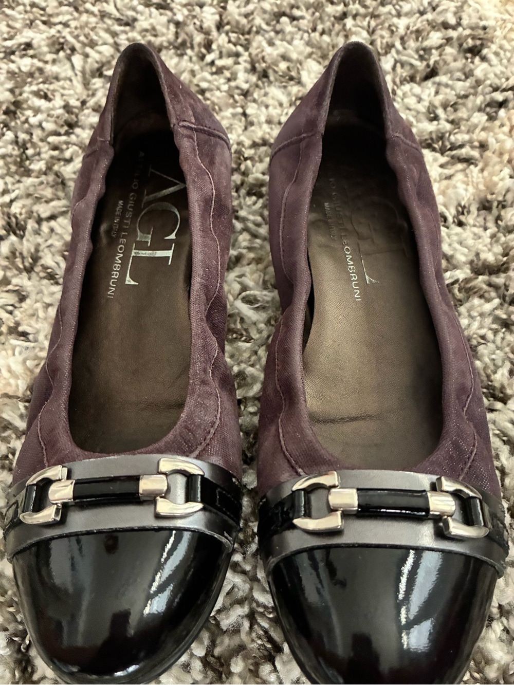 AUTHENTIC AGL Plum Suede Flats with Black Patent Cap Toe and Silver Hardware